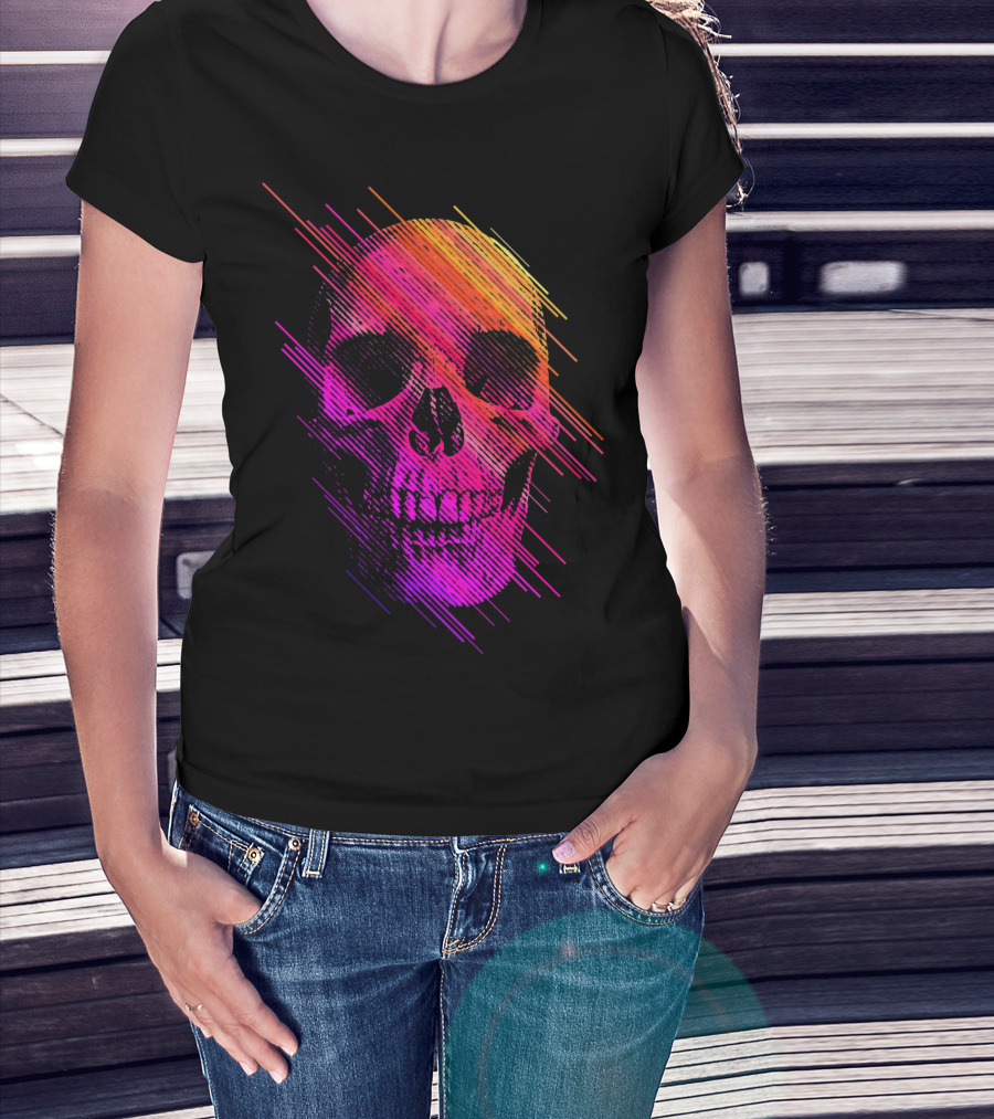 Colorful Skull Vibrant Neon Streaks T-Shirt