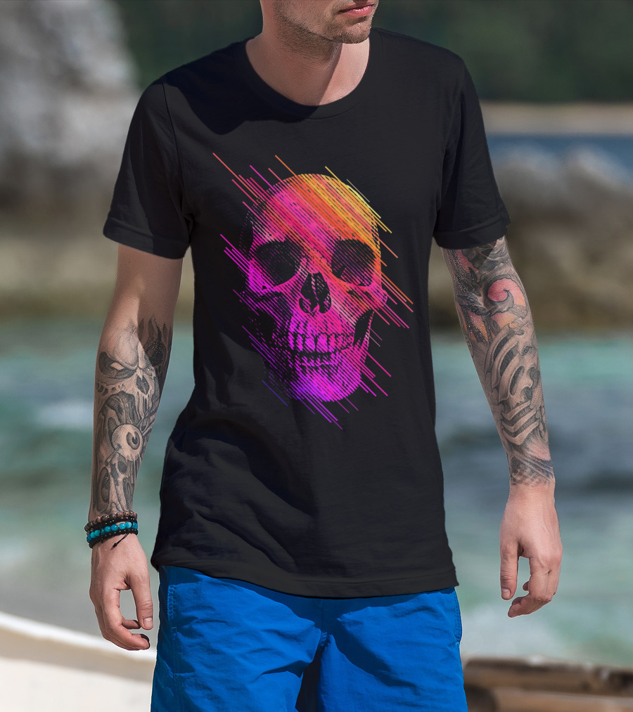 Colorful Skull Vibrant Neon Streaks T-Shirt