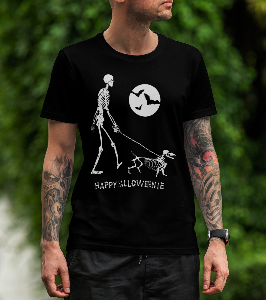 Happy Halloweenie Dachshund Skeleton Moon Bats T-Shirt