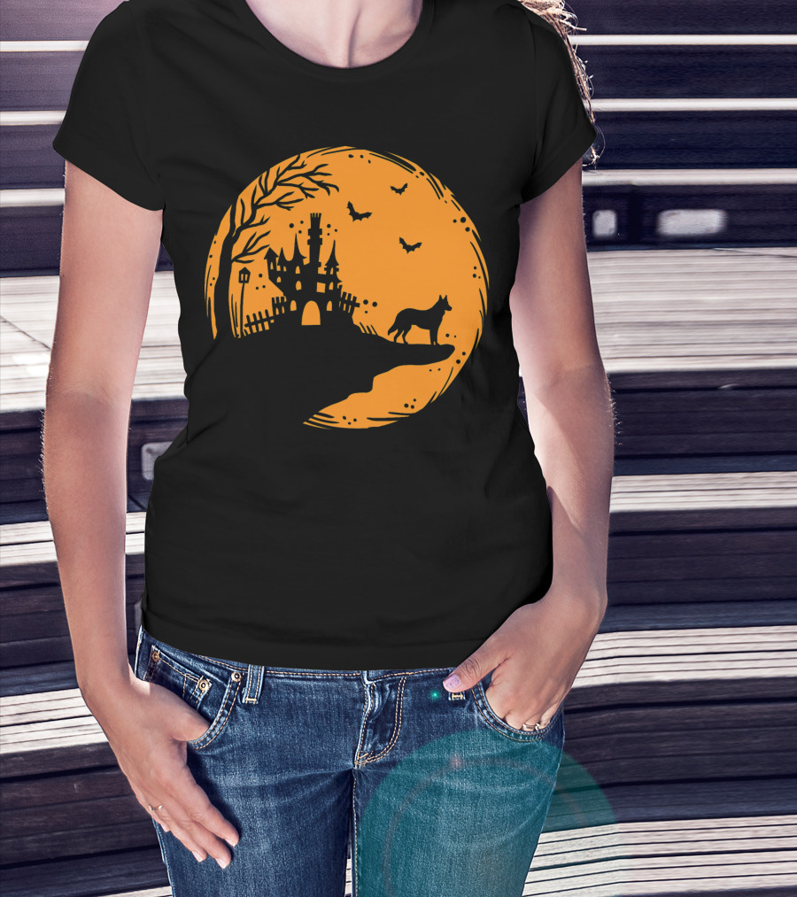 Halloween Dog Silhouette With Haunted Castle And Bats T-Shirt