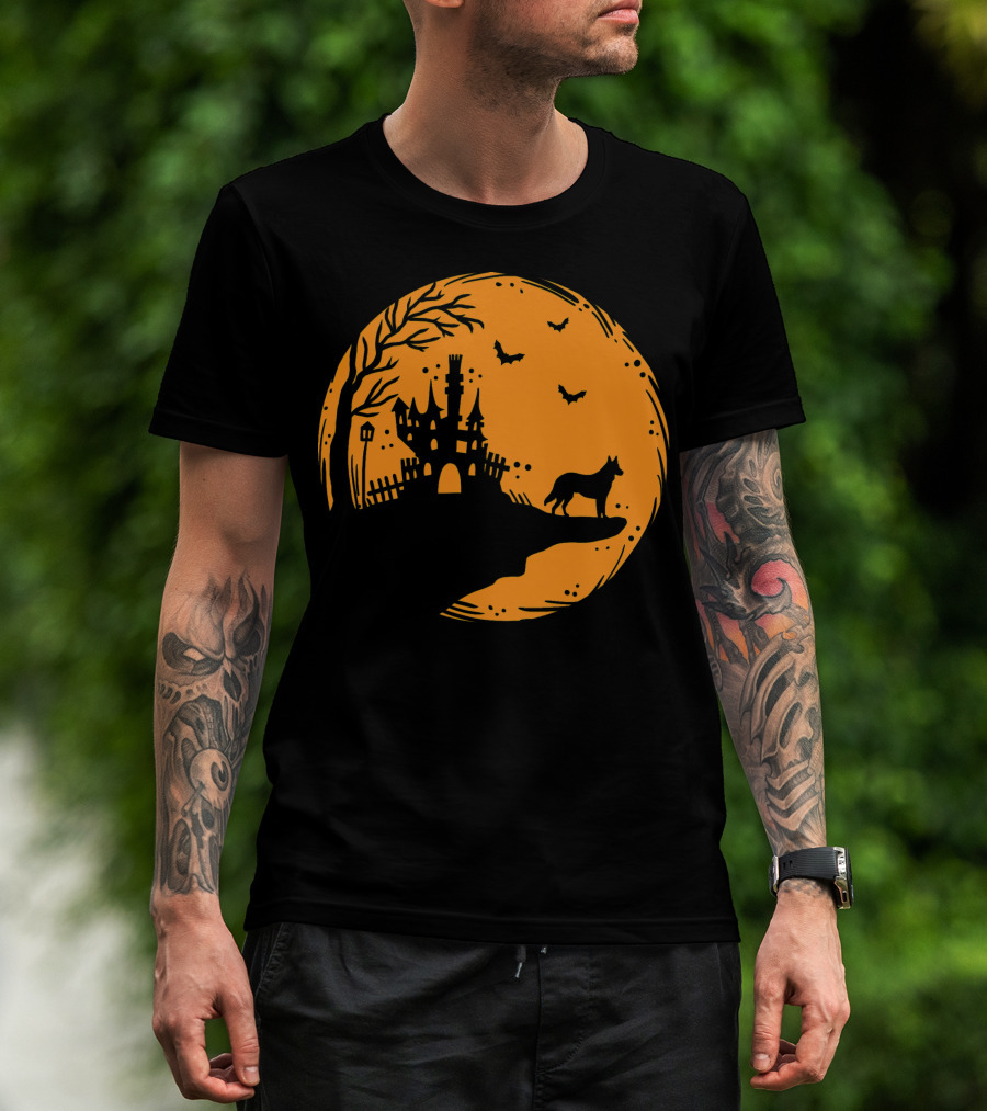 Halloween Dog Silhouette With Haunted Castle And Bats T-Shirt
