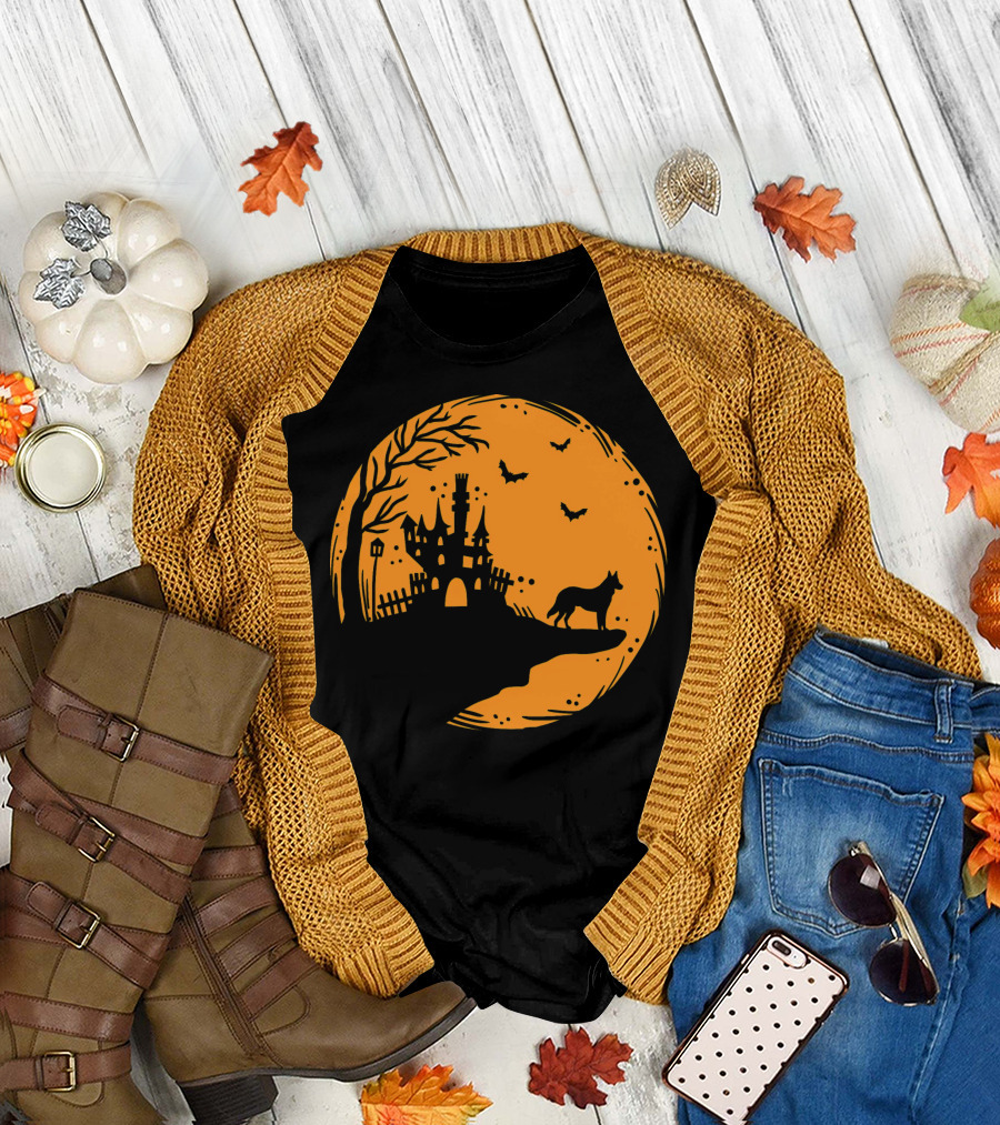 Halloween Dog Silhouette with Haunted Castle and Bats T-Shirt