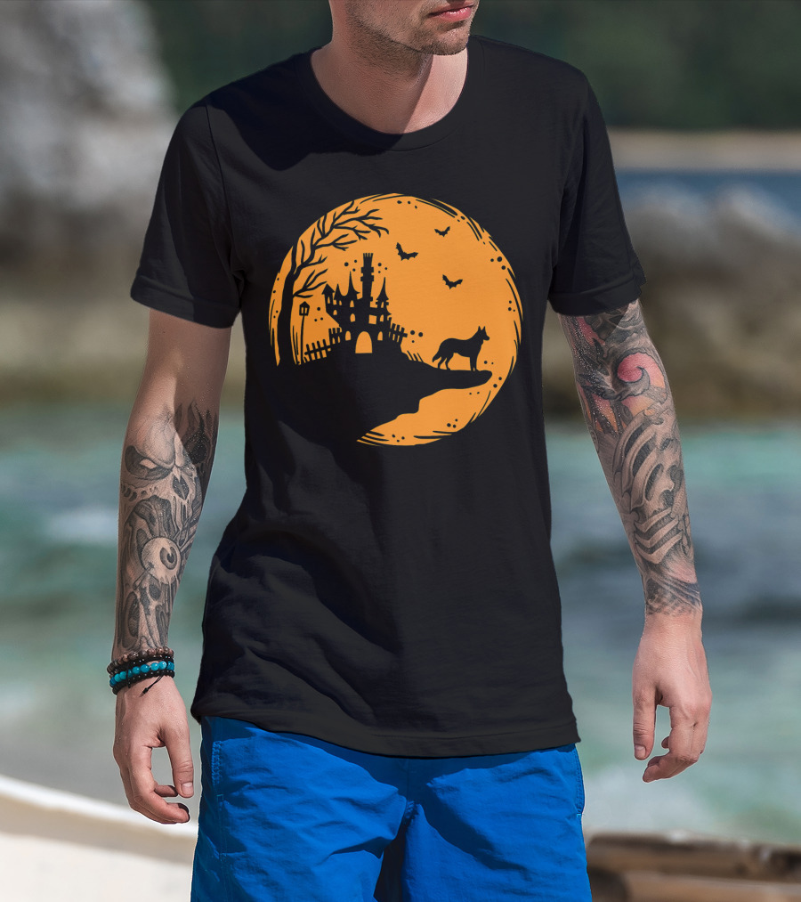 Halloween Dog Silhouette With Haunted Castle And Bats T-Shirt