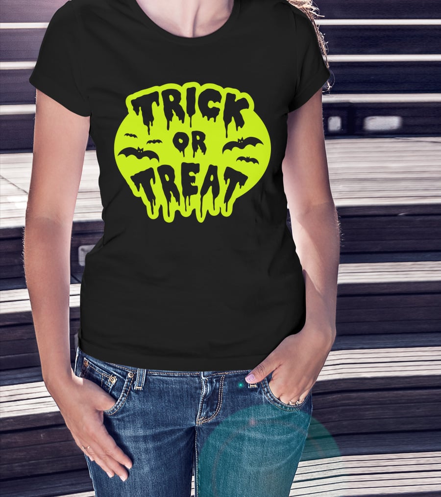 Gladditudes Trick Or Treat Dripping Font With Bats T-Shirt