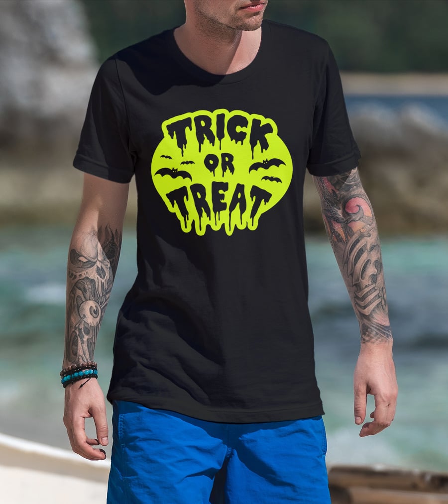 Gladditudes Trick Or Treat Dripping Font With Bats T-Shirt