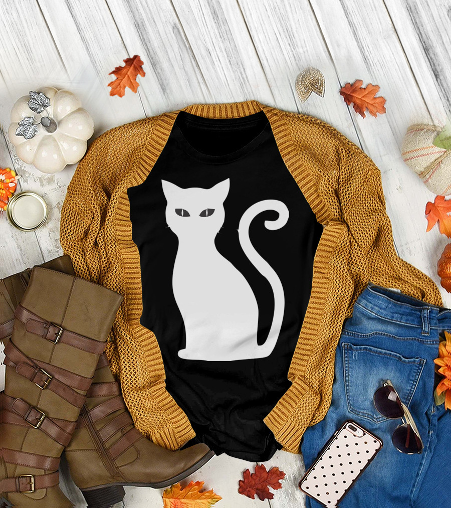Halloween Cat Cute Cat Silhouette White T-Shirt