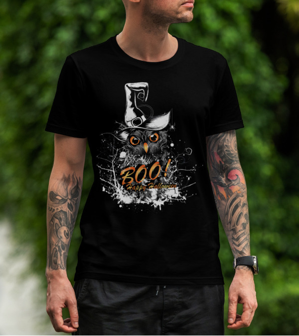 BOO Happy Halloween Owl With Witch Hat T-Shirt