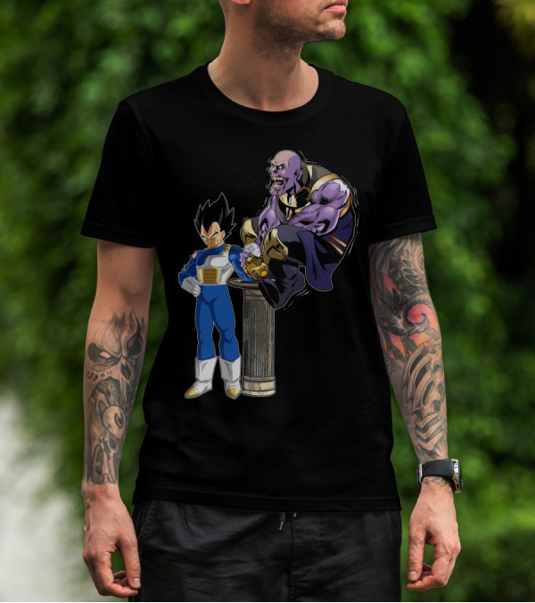 Vegeta And Thanos Arm Wrestling On Stone Pedestal T-Shirt