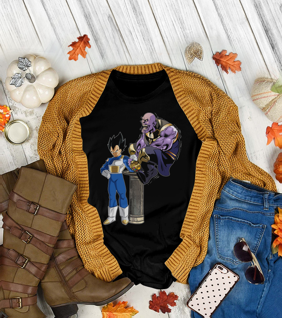 Vegeta and Thanos Arm Wrestling on Stone Pedestal T-Shirt