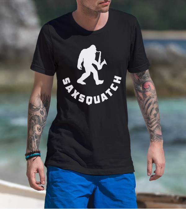 Saxsquatch Saxophone Playing Bigfoot Walking T-Shirt