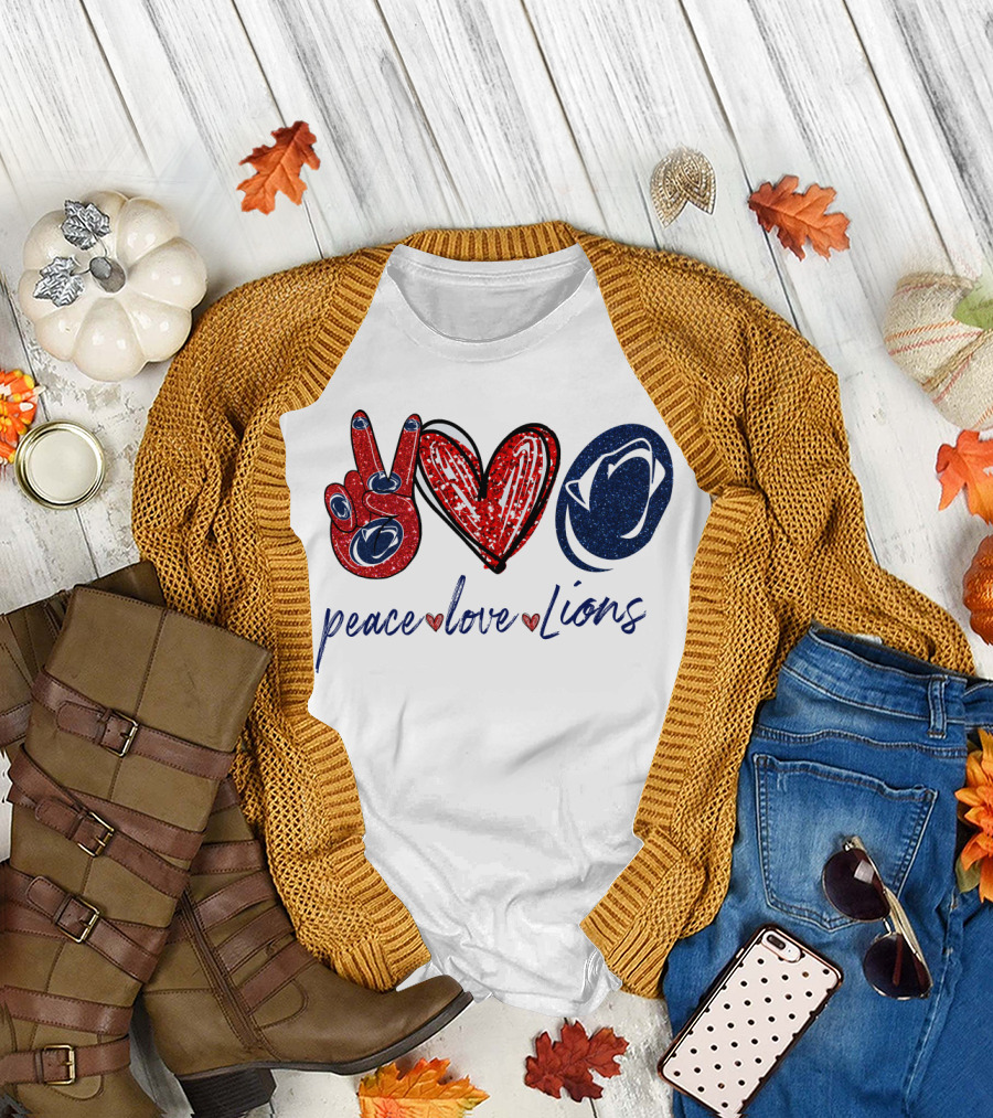 Peace Love Lions Penn State Blue and White T-Shirt