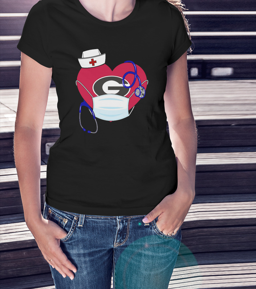 Georgia Bulldogs Heart Nurse Stethoscope Mask T-Shirt