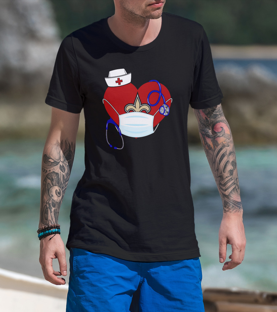 Heart Saints Nurse Medical Mask Stethoscope Fleur-de-Lis T-Shirt
