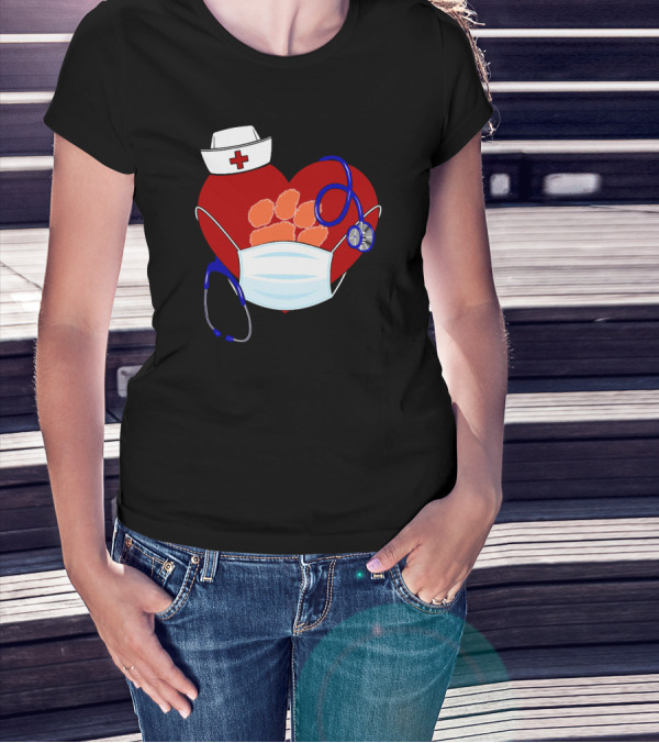 Heart Tigers Nursing Mask Stethoscope Paw Prints T-Shirt