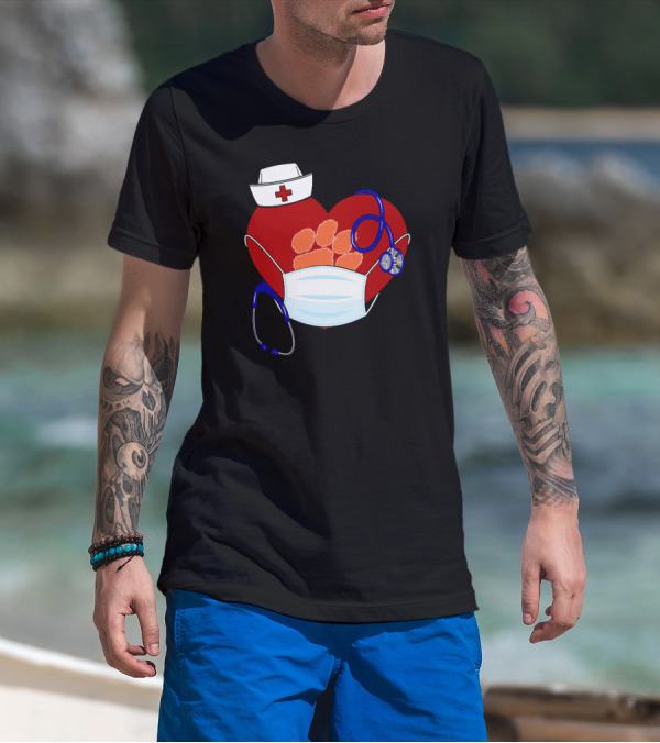 Heart Tigers Nursing Mask Stethoscope Paw Prints T-Shirt