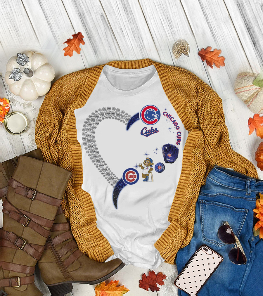 Chicago Cubs Heart Design with Logos and Bear Mascot T-Shirt