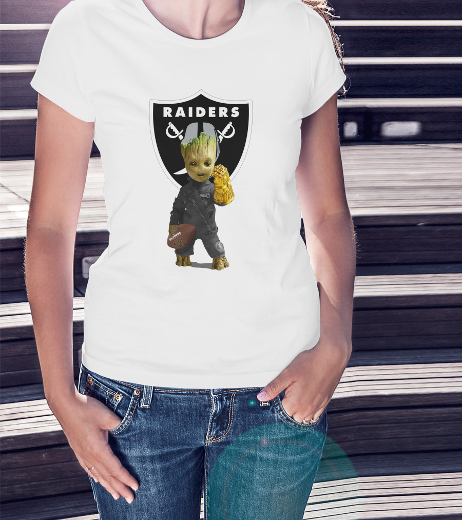 Las Vegas Raiders Groot Holding Football With Gauntlet In Front Of Raiders T-Shirt
