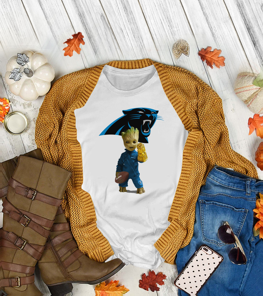 Carolina Panthers Groot Football Infinity Gauntlet Crossover T-Shirt