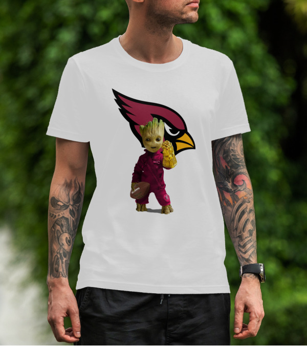 Arizona Cardinals Groot Holding Football And Infinity Gauntlet T-Shirt