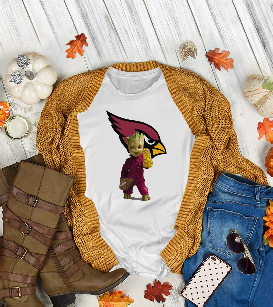 Arizona Cardinals Groot Holding Football and Infinity Gauntlet T-Shirt