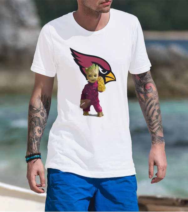 Arizona Cardinals Groot Holding Football And Infinity Gauntlet T-Shirt