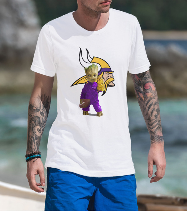 Minnesota Vikings Groot Holding Football And Infinity Gauntlet T-Shirt