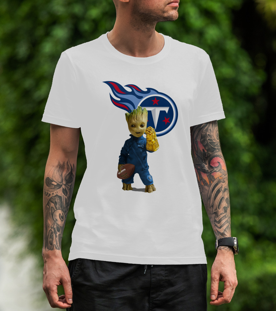 Groot Holding Football Tennessee Titans Logo Infinity Gauntlet T-Shirt