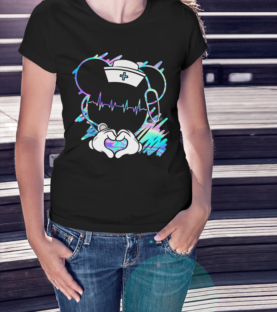 Nurse Disney Mickey Nurse Heartbeat Holographic T-Shirt