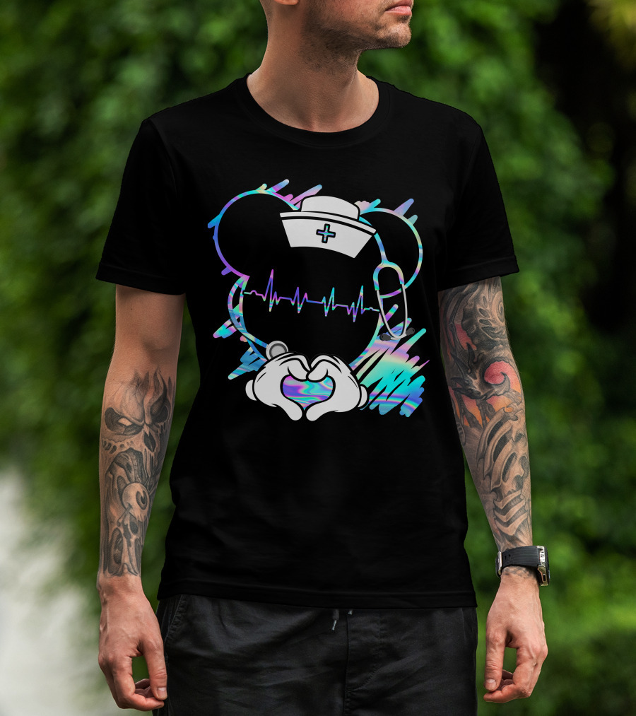 Nurse Disney Mickey Nurse Heartbeat Holographic T-Shirt