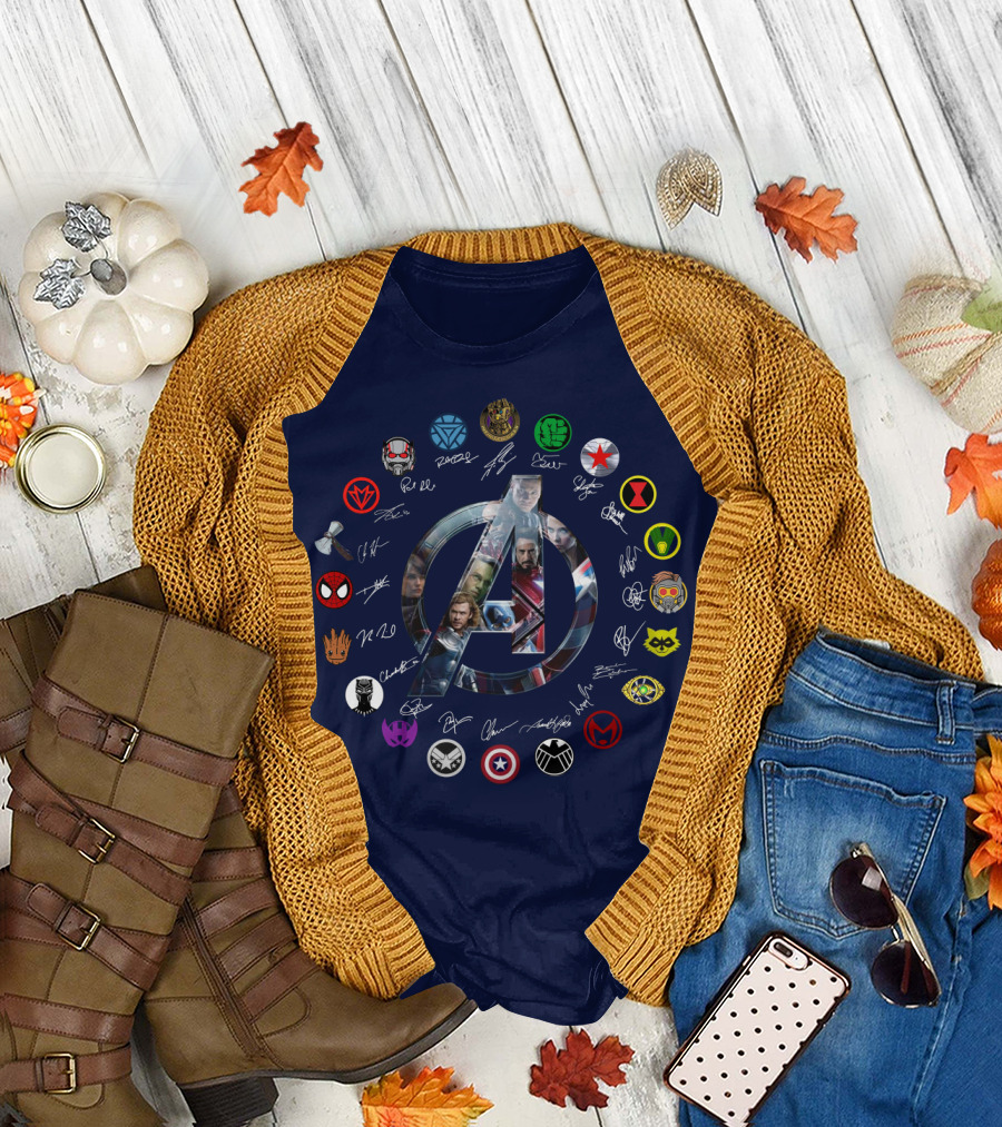 Avengers Endgame Emblem with Iconic Superhero Logos T-Shirt