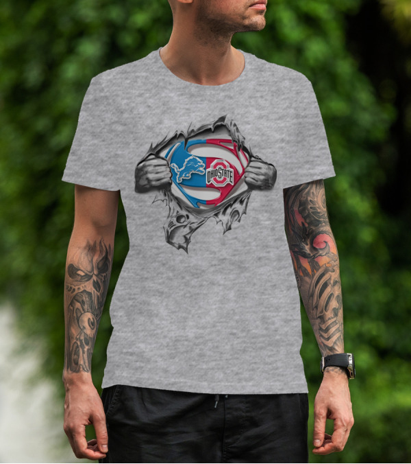 Detroit Lions Ohio State Buckeyes Superman Logo Tear T-Shirt
