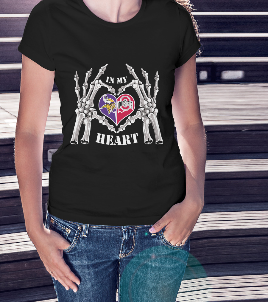 In My Heart Minnesota Vikings Ohio State Buckeyes Skeleton Hands Heart T-Shirt