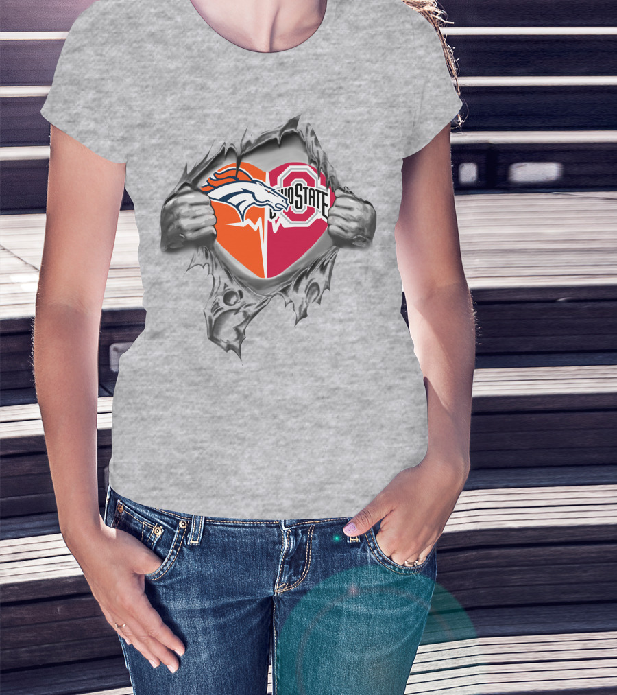 Denver Broncos Ohio State Buckeyes Logo Heart Tear Effect T-Shirt