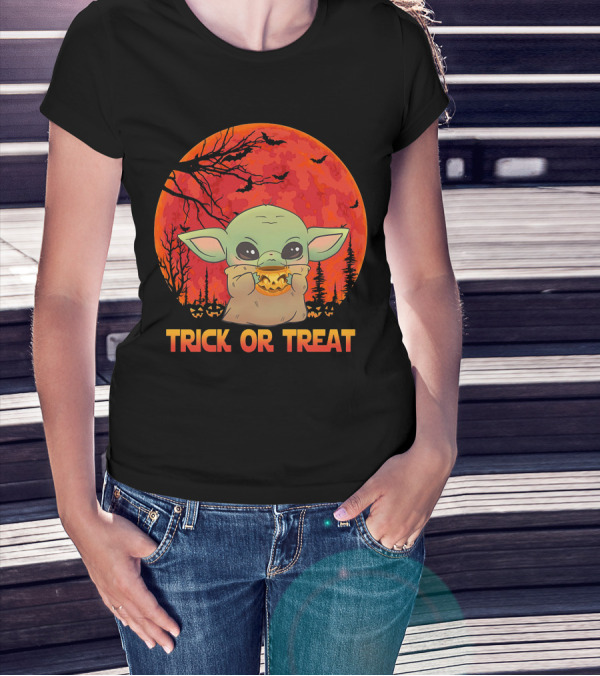 Halloween Baby Yoda Trick Or Treat Moon Pumpkin Forest T-Shirt