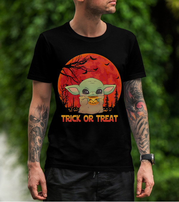 Halloween Baby Yoda Trick Or Treat Moon Pumpkin Forest T-Shirt