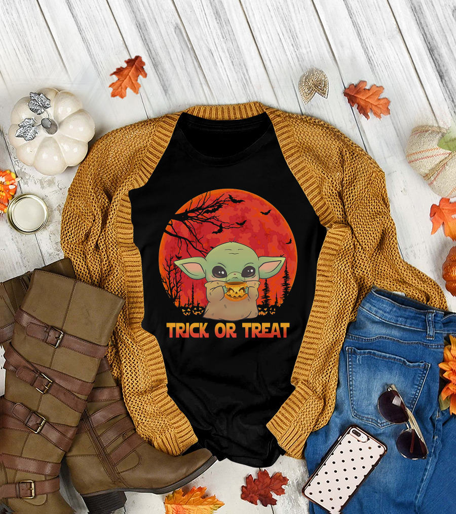 Halloween Baby Yoda Trick Or Treat Moon Pumpkin Forest T-Shirt