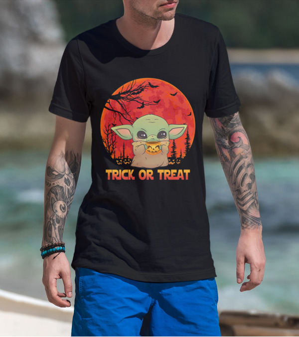 Halloween Baby Yoda Trick Or Treat Moon Pumpkin Forest T-Shirt