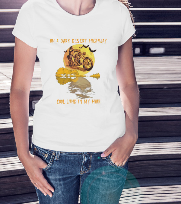 On A Dark Desert Highway Cool Wind In My Hair Biker With Full Moon And Bats T-Shirt