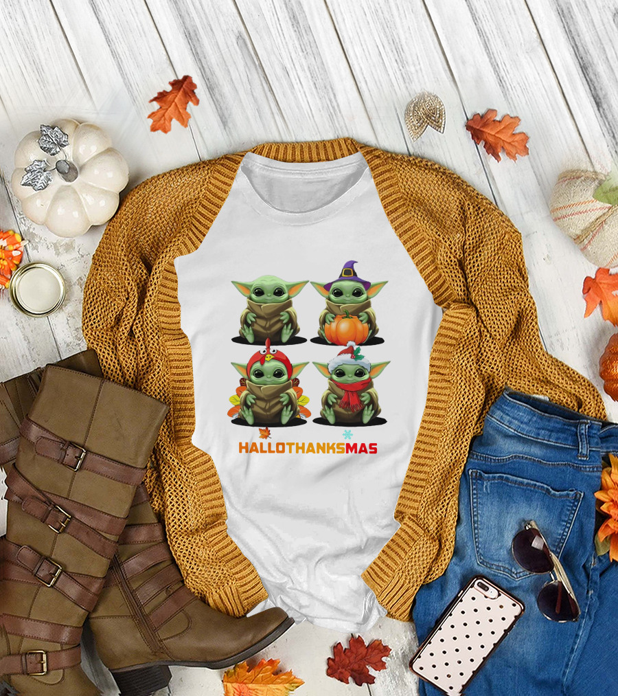 Baby Yoda Halloween Thanksgiving Christmas Happy Hallothanksmas T-Shirt