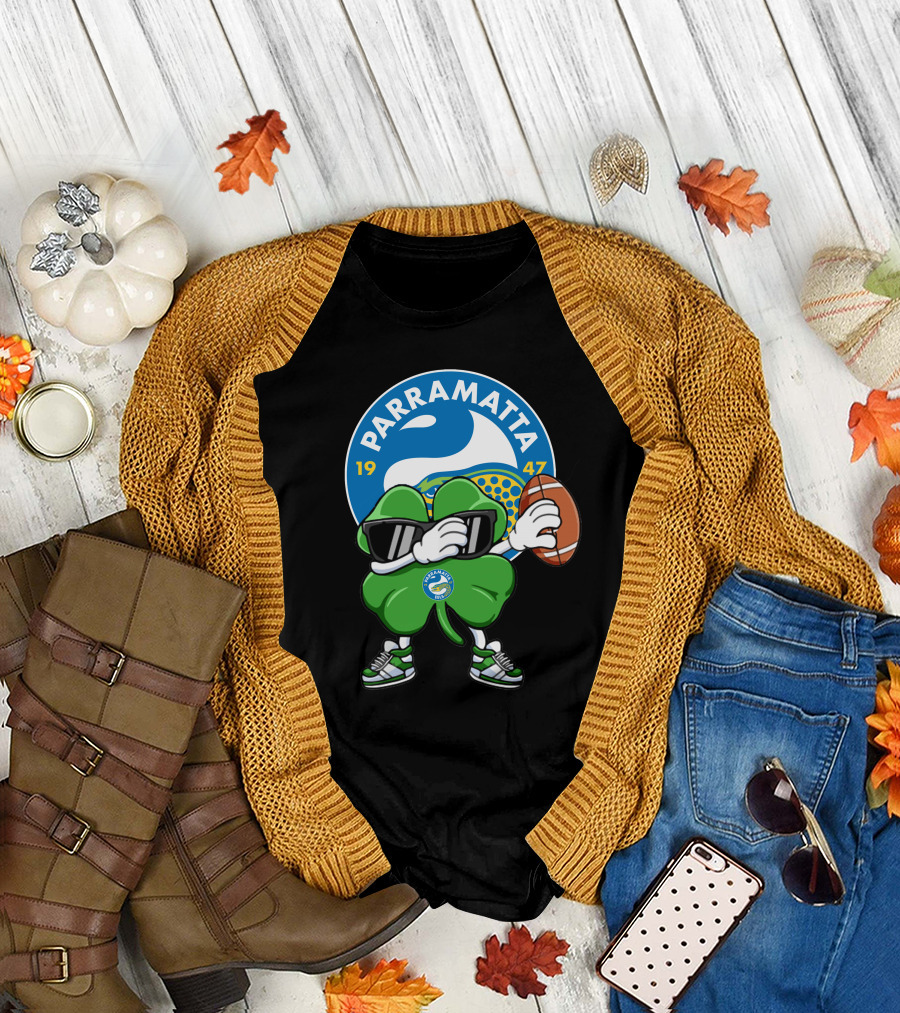 Parramatta Eels 1947 Clover Mascot with Football and Sunglasses T-Shirt