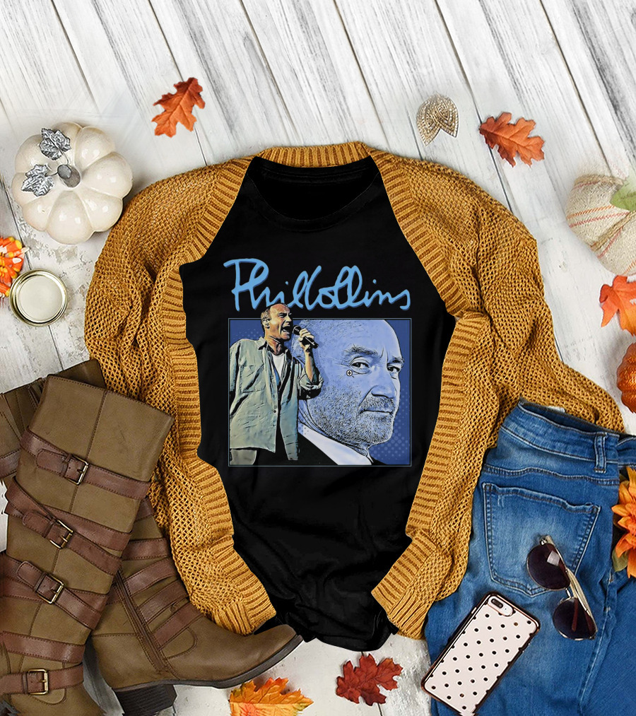 Phil Collins Blue Portrait with Microphone Performance T-Shirt