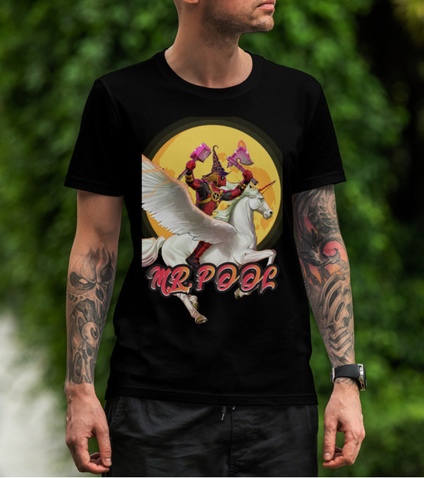 MR POOL Wizard On Unicorn With Pink Axes T-Shirt