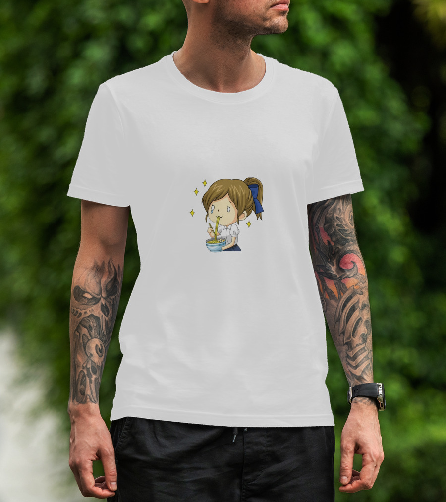 Onlywonderful Anime Girl Eating Ramen With Blue Bow And Sparkles T-Shirt