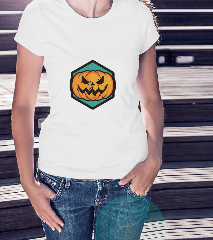Jack-O'-Lantern Pumpkin Face Hexagon Badge T-Shirt