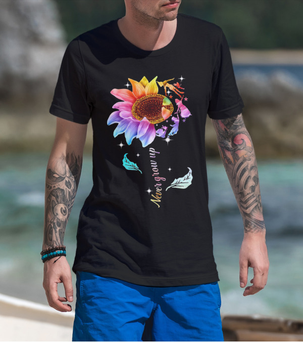 Never Grow Up Peter Pan Rainbow Flower Fantasy T-Shirt
