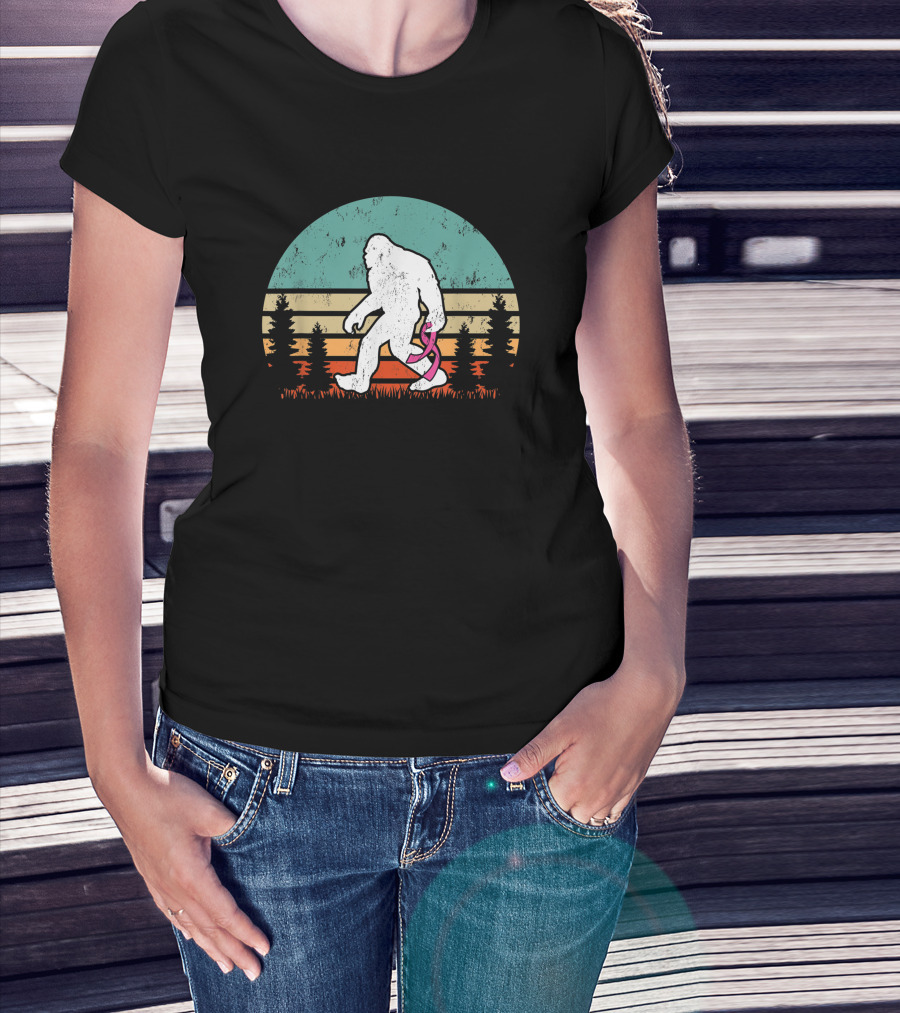 Vintage Bigfoot Breast Cancer Awareness Pink Ribbon Forest Sunset T-Shirt