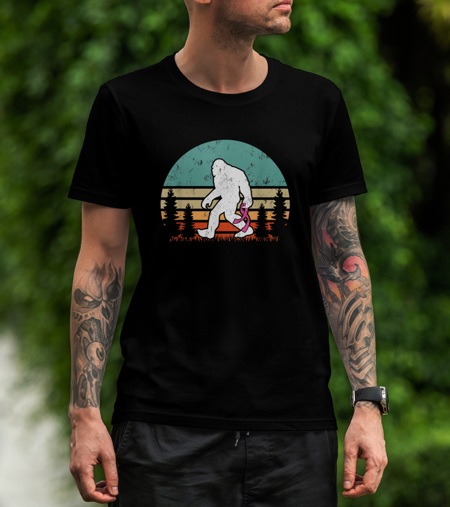 Vintage Bigfoot Breast Cancer Awareness Pink Ribbon Forest Sunset T-Shirt
