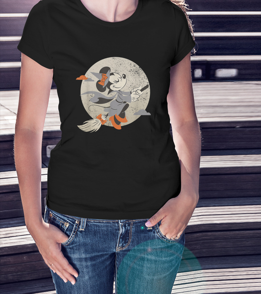 Disney Minnie Mouse Witch On Broomstick Full Moon Halloween T-Shirt