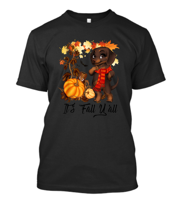It's Fall Y'all Dachshund With Pumpkins And Autumn Leaves T-Shirt
