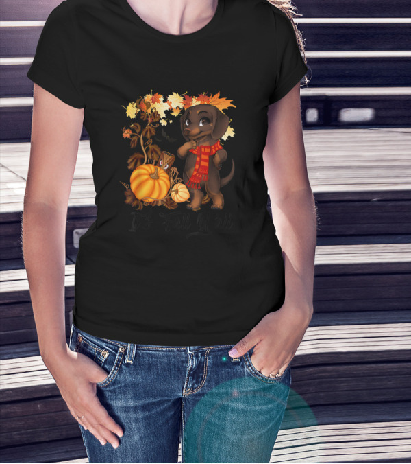It's Fall Y'all Dachshund With Pumpkins And Autumn Leaves T-Shirt